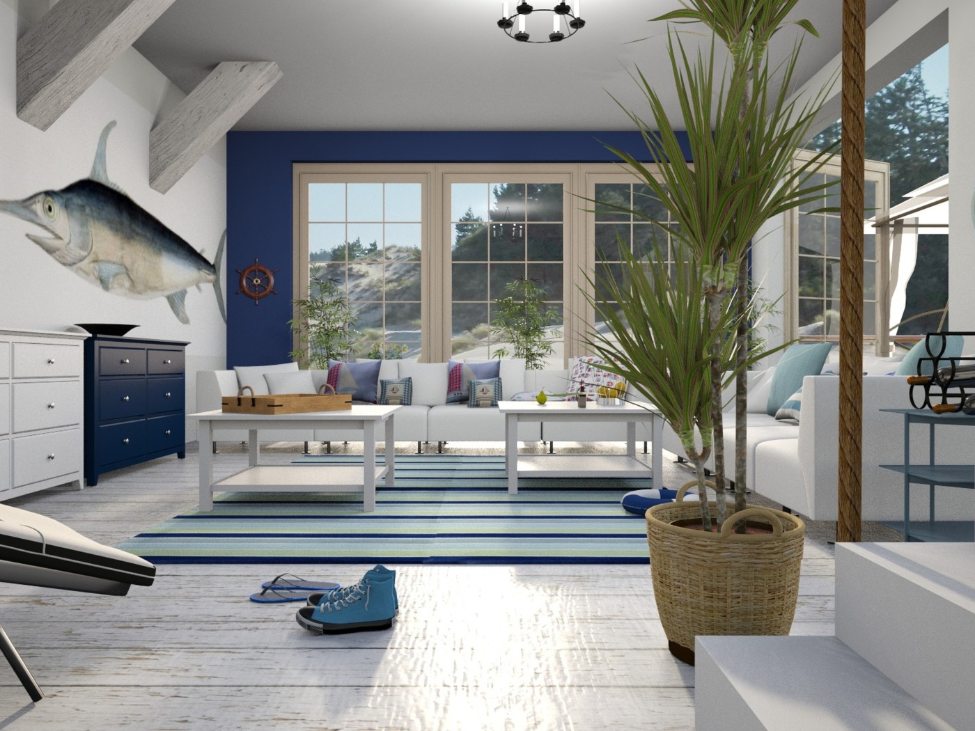 Большая просторная гостиная в бело-голубом стиле