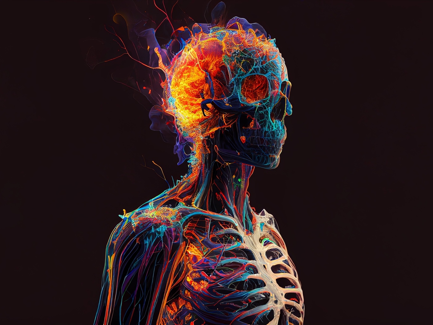 Огненный скелет мужчины на черном фоне