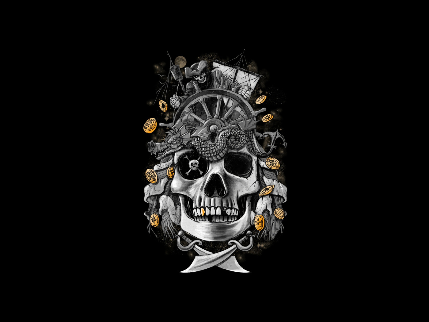 Pirate skull with coins on black background