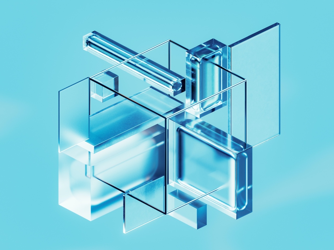 Разные стеклянные фигуры на голубом фоне 3д графика