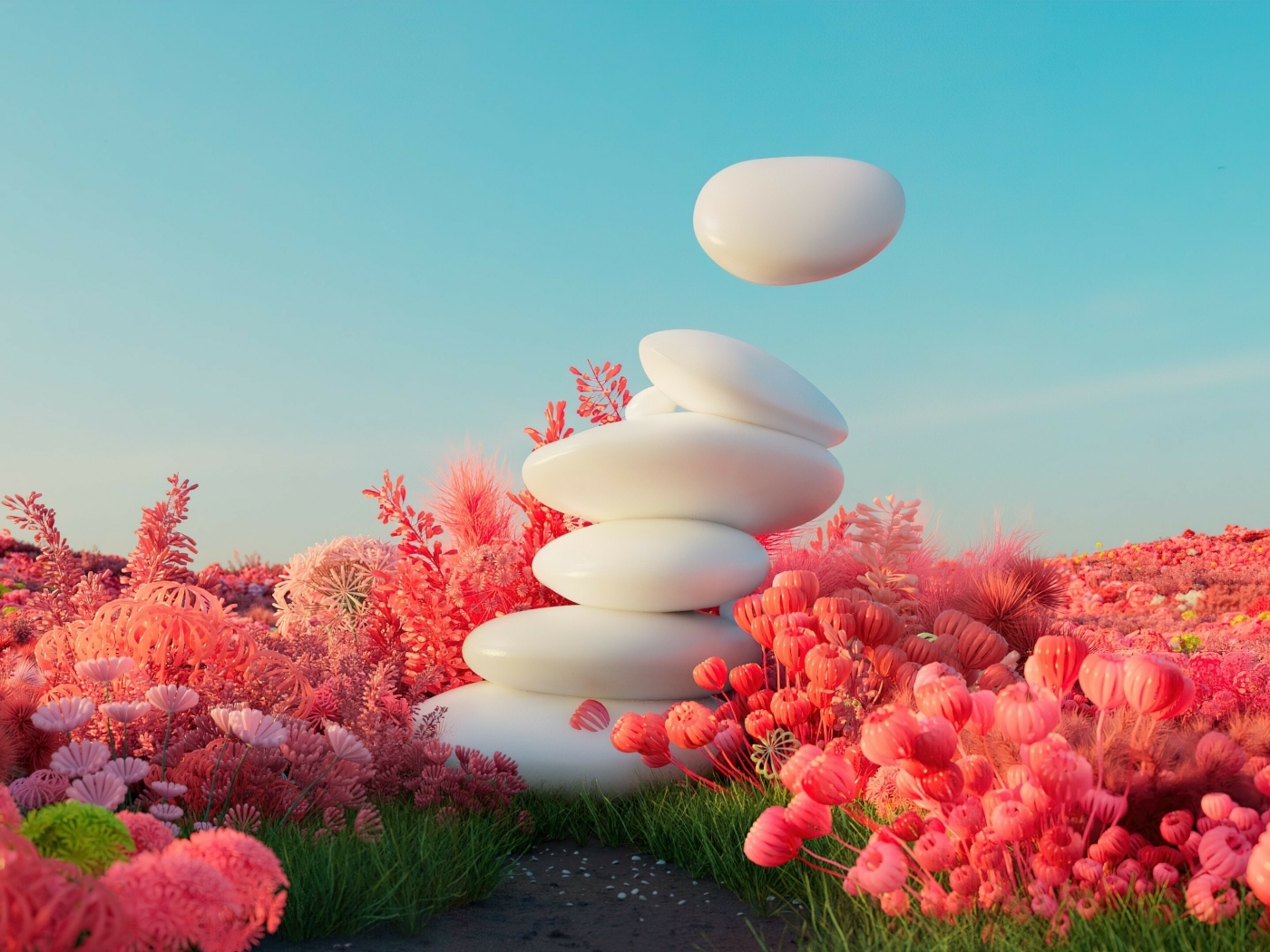 Белые камни в красных цветах 3д