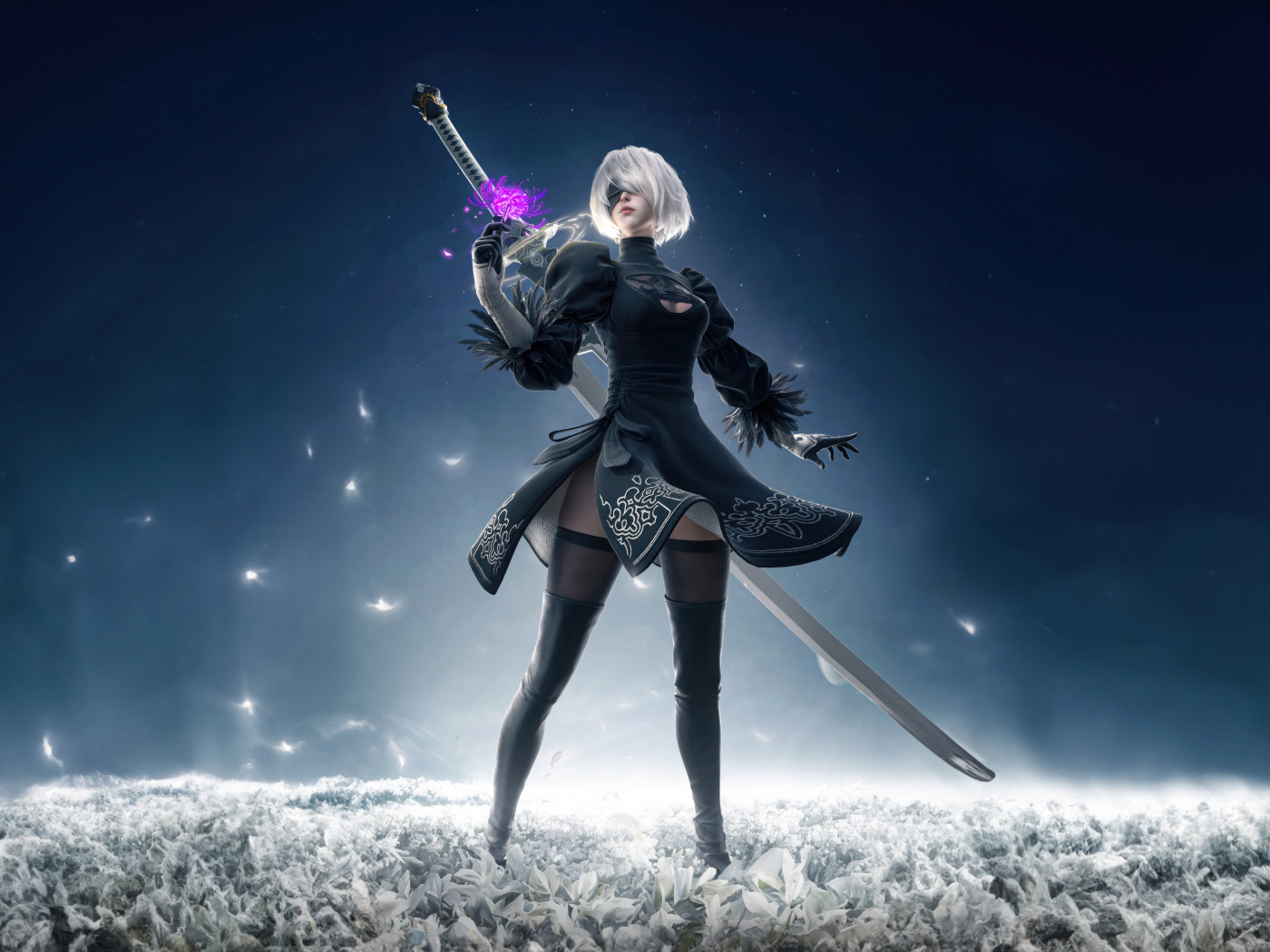 Девушка аниме 2B в черном костюме с мечом