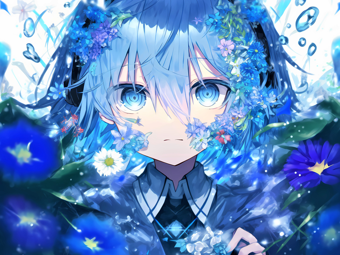 Девушка аниме в синих фантастических цветах