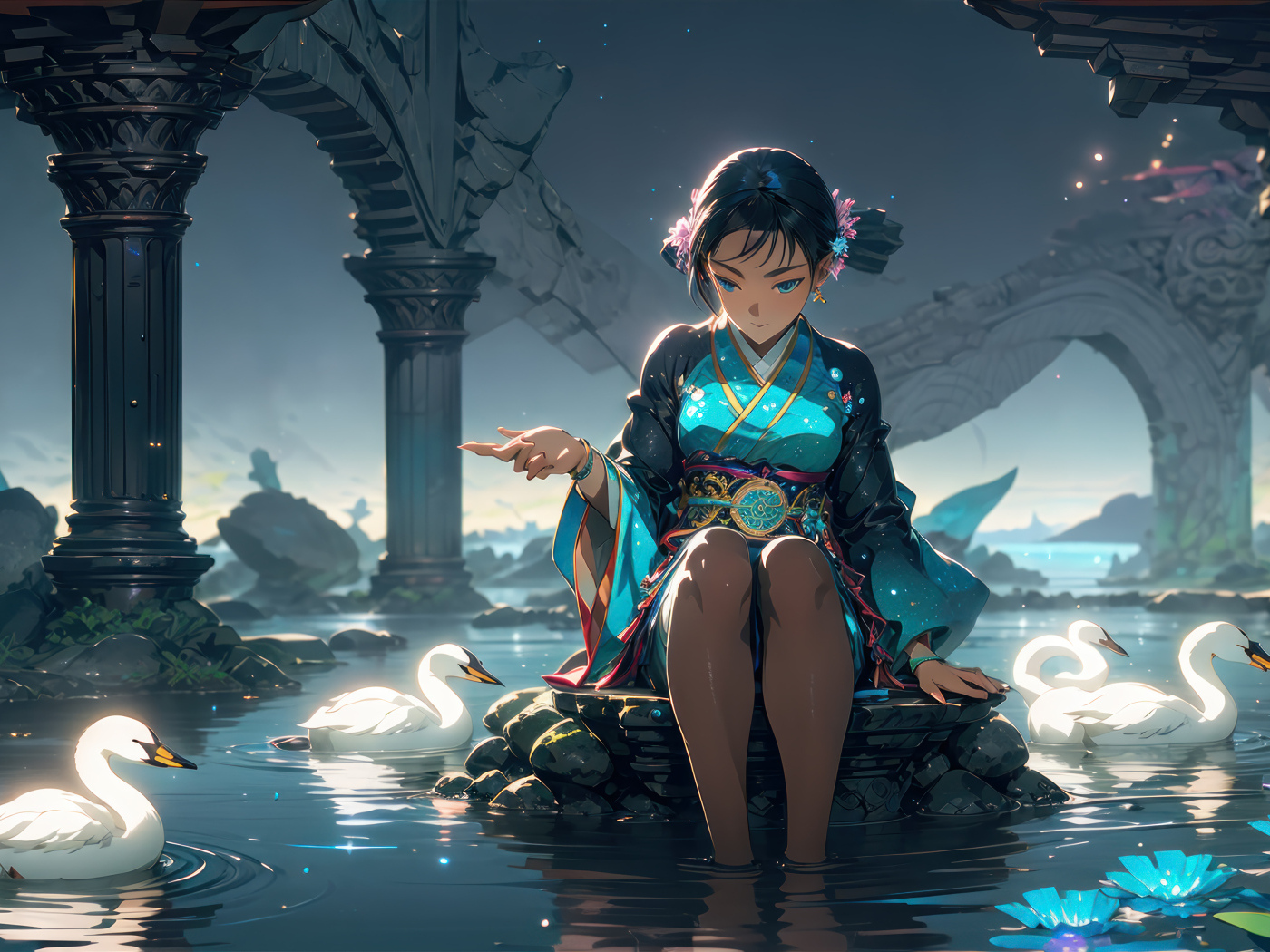 Anime girl sitting in a pond with swans