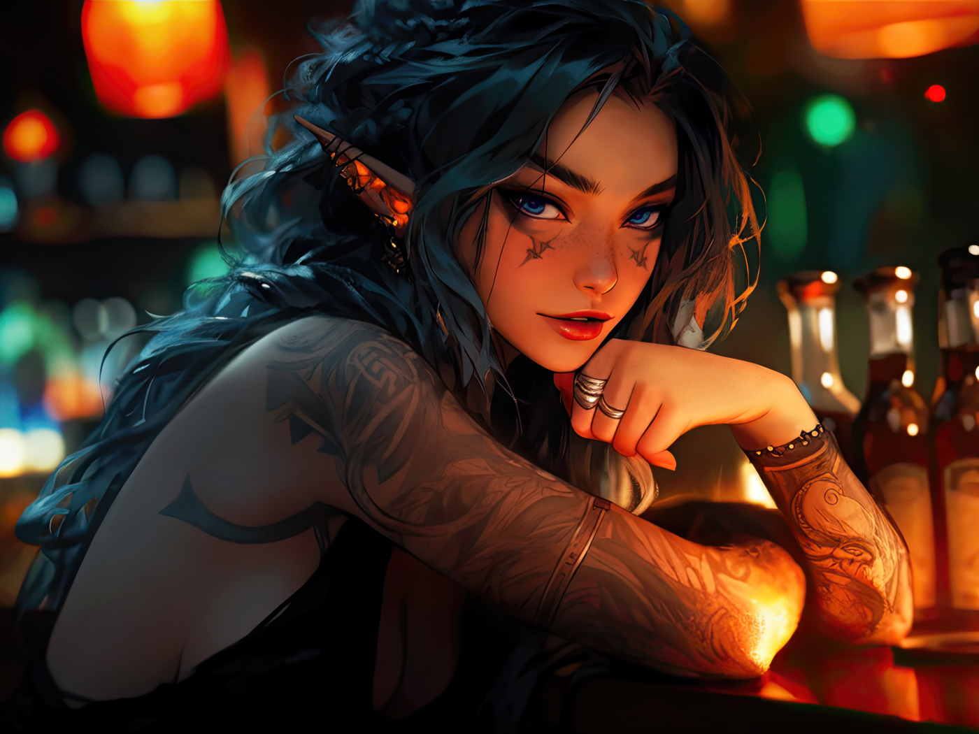 Девушка аниме с татуировками сидит в баре