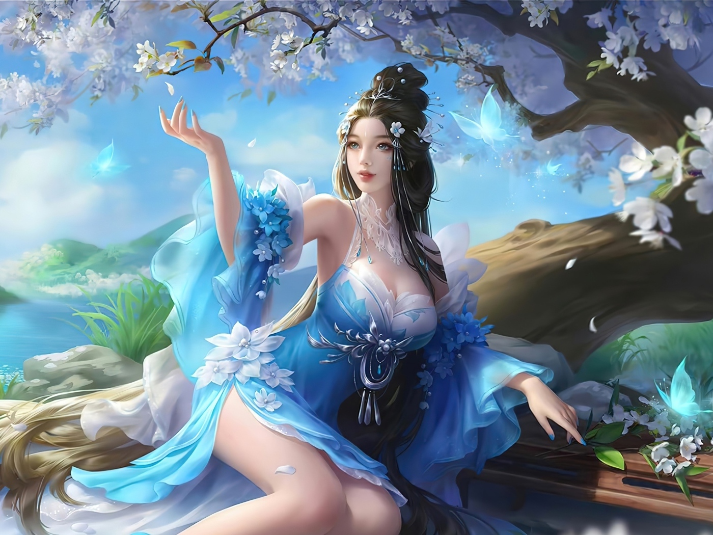 Красивая девушка аниме в платье под волшебным деревом