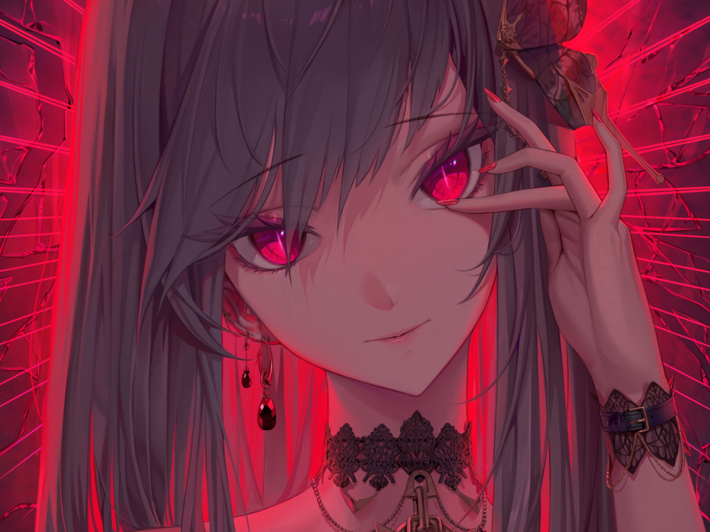 Красивая девушка аниме с красными глазами