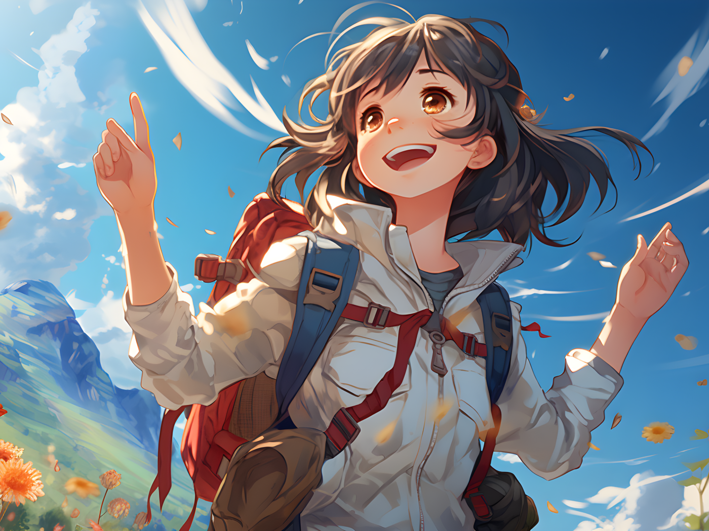 Веселая девушка аниме с рюкзаком за спиной