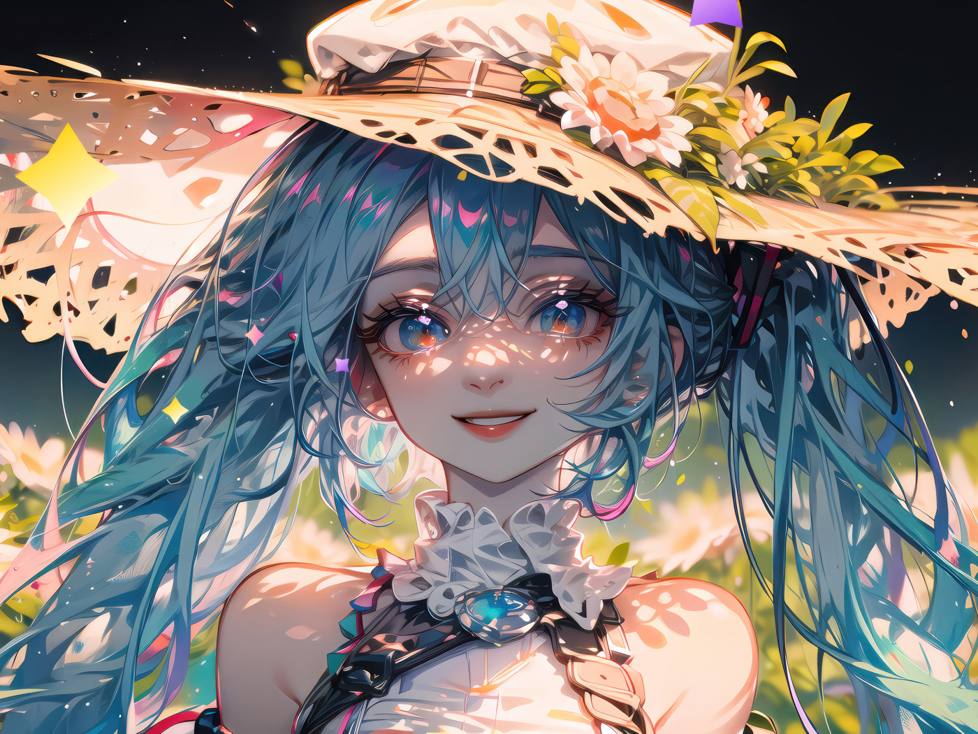 Улыбающаяся девушка аниме с голубыми волосами в большой шляпе