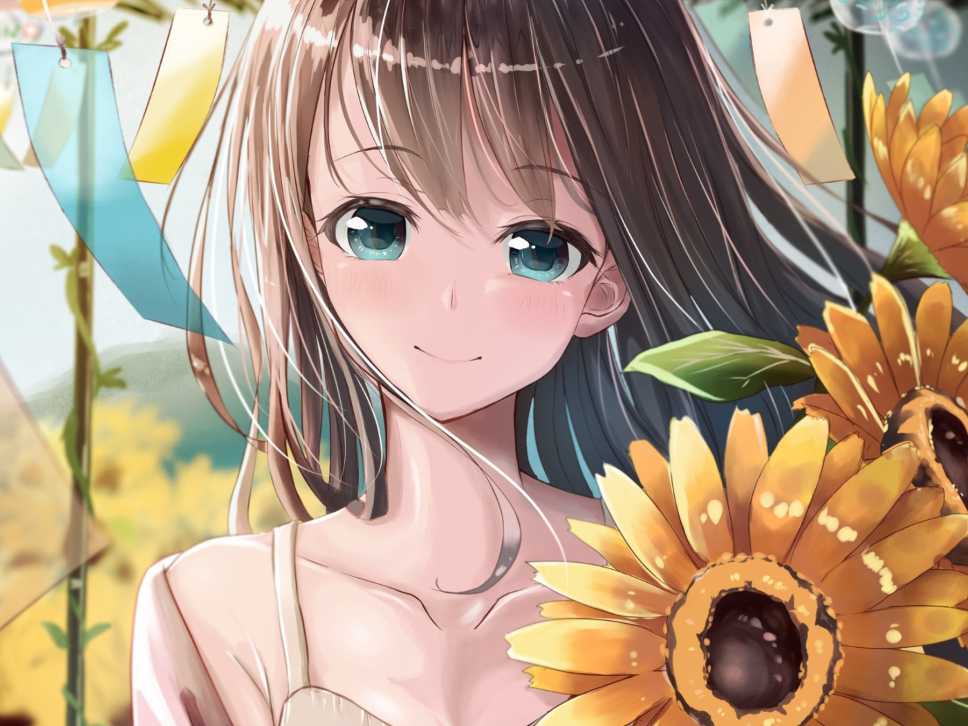 Улыбающаяся девушка аниме с цветами подсолнуха
