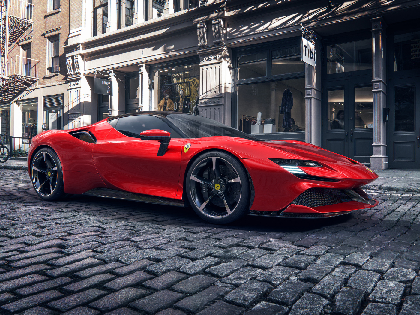 Красный автомобиль Ferrari SF90 Stradale в городе