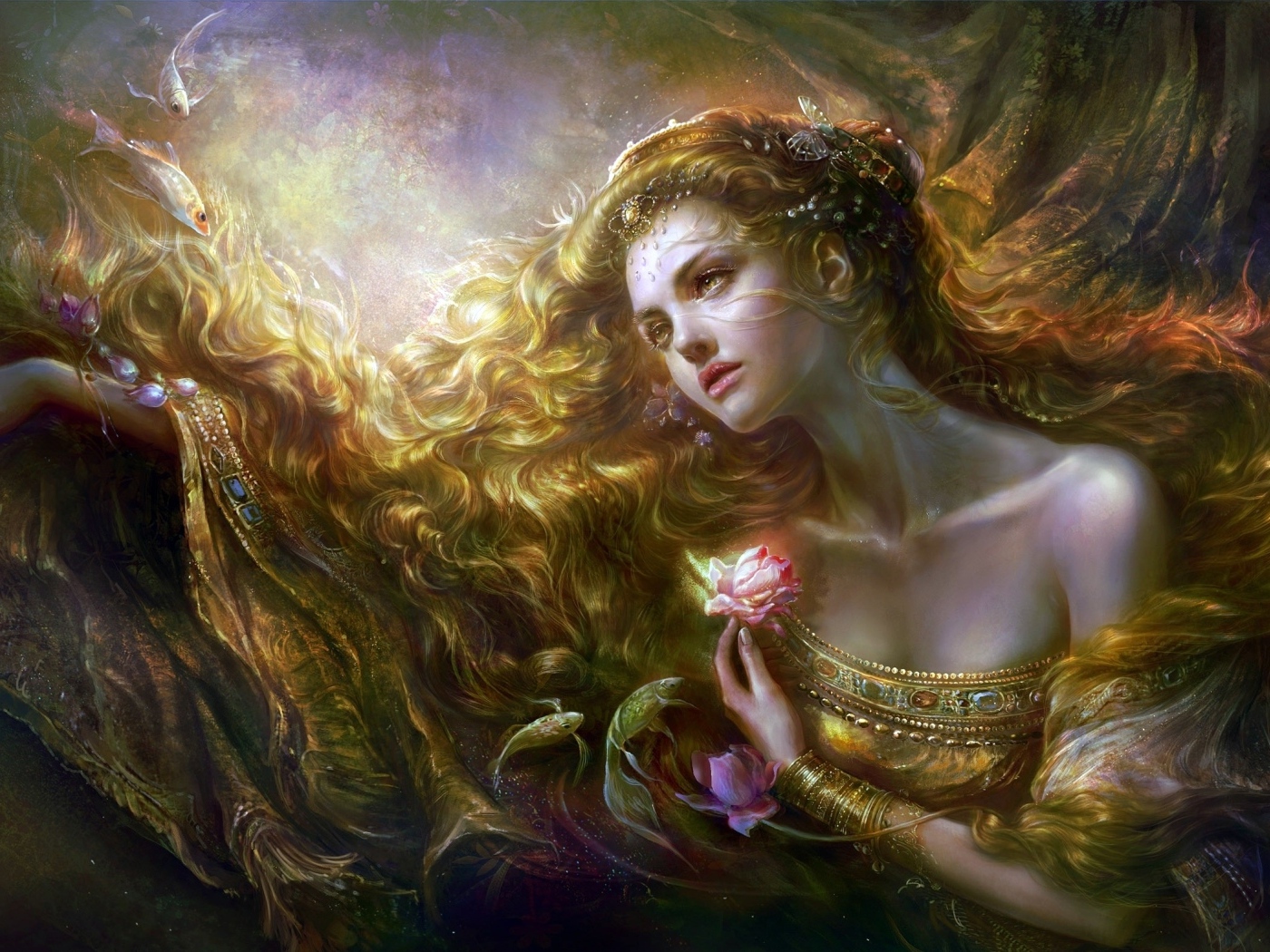 Красивая нарисованная девушка с длинными волосами