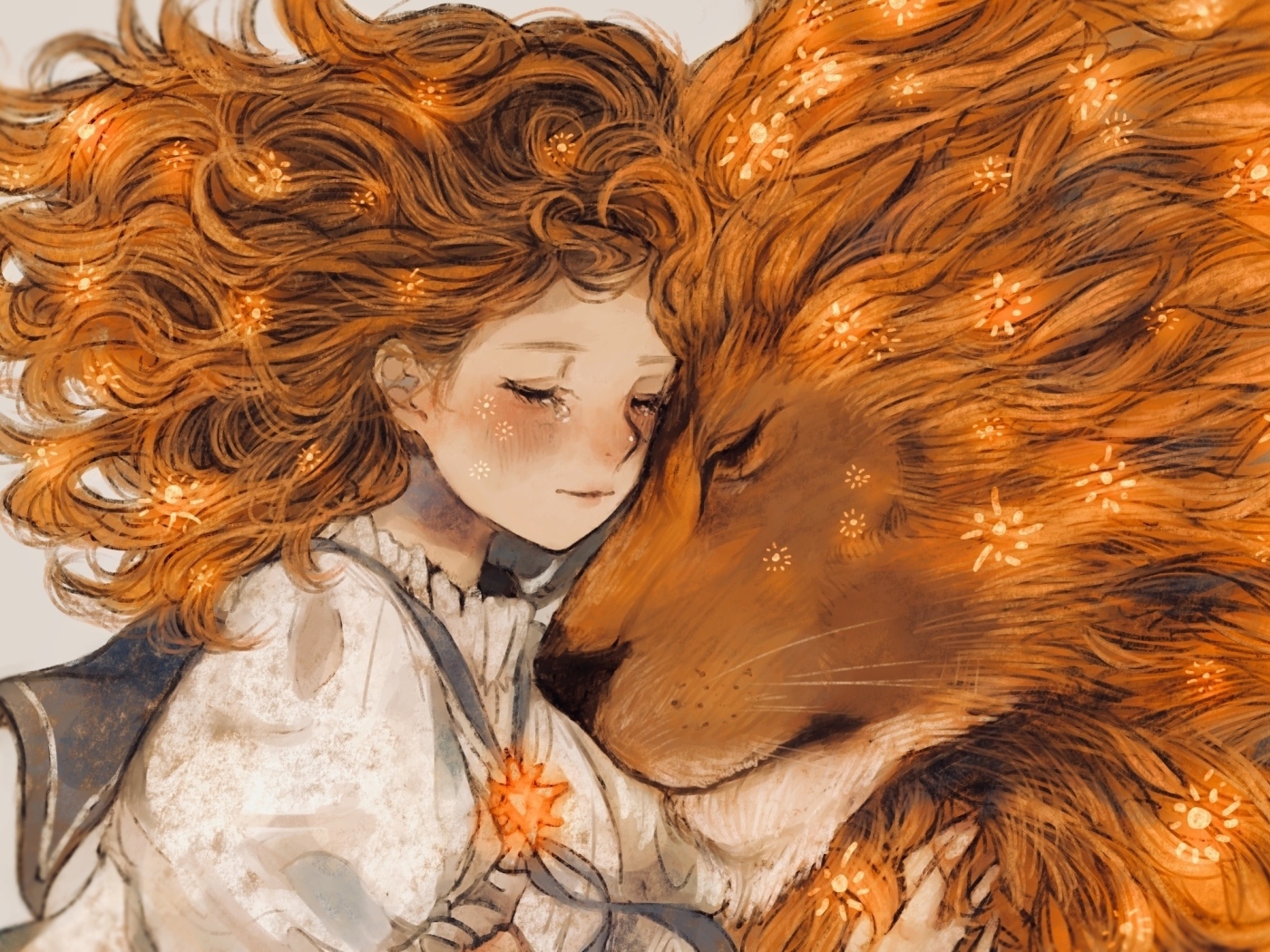 Нарисованная рыжеволосая девушка и лев