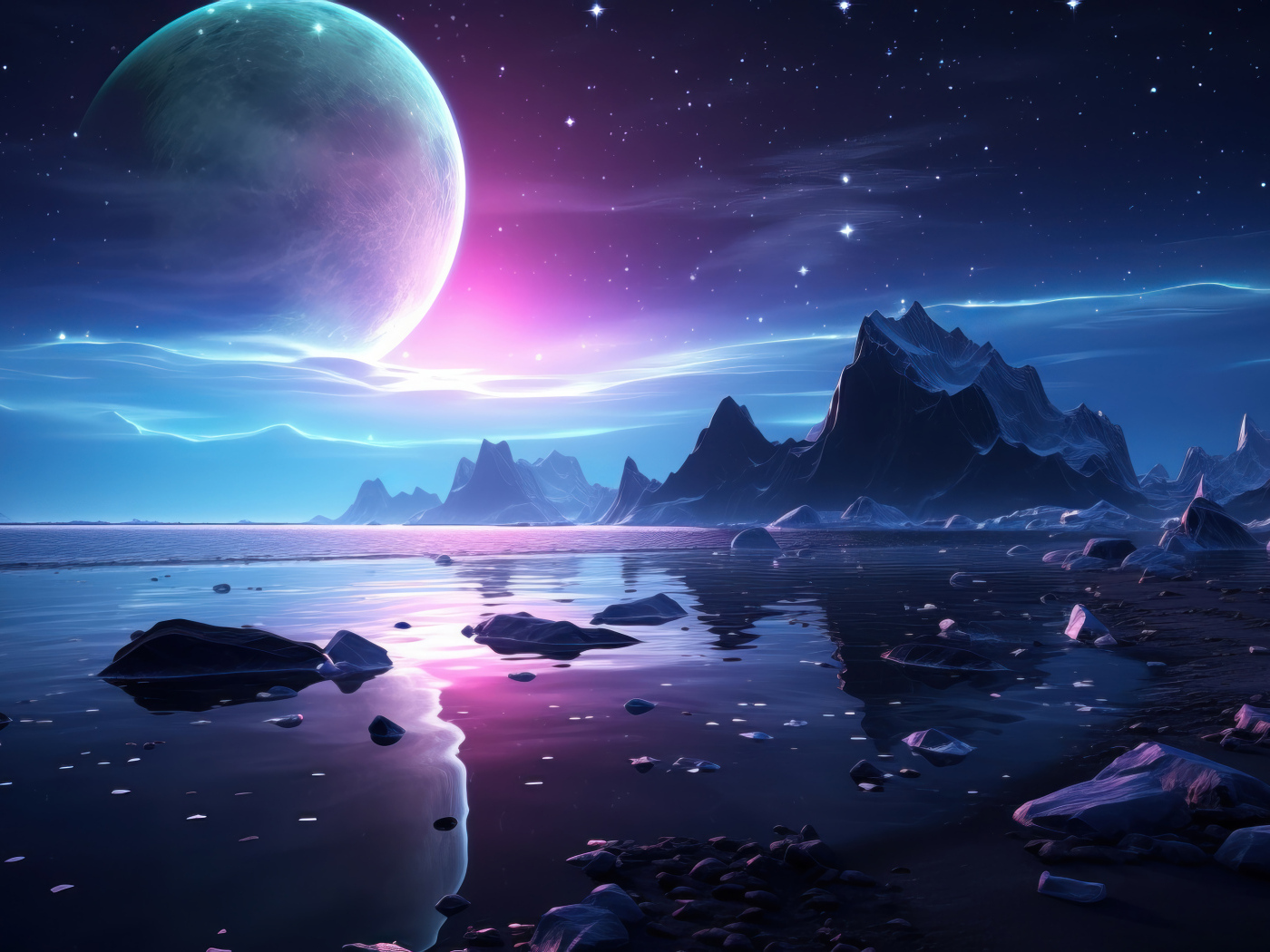 Большая фантастическая луна в небе над озером