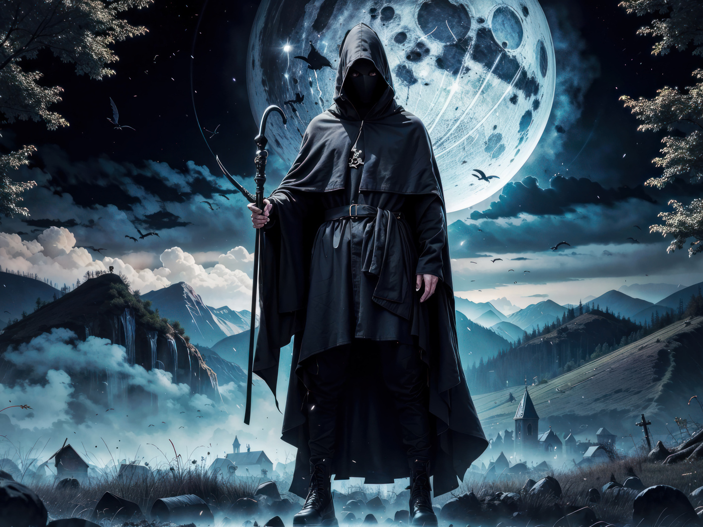 Черный маг в плаще на фоне луны