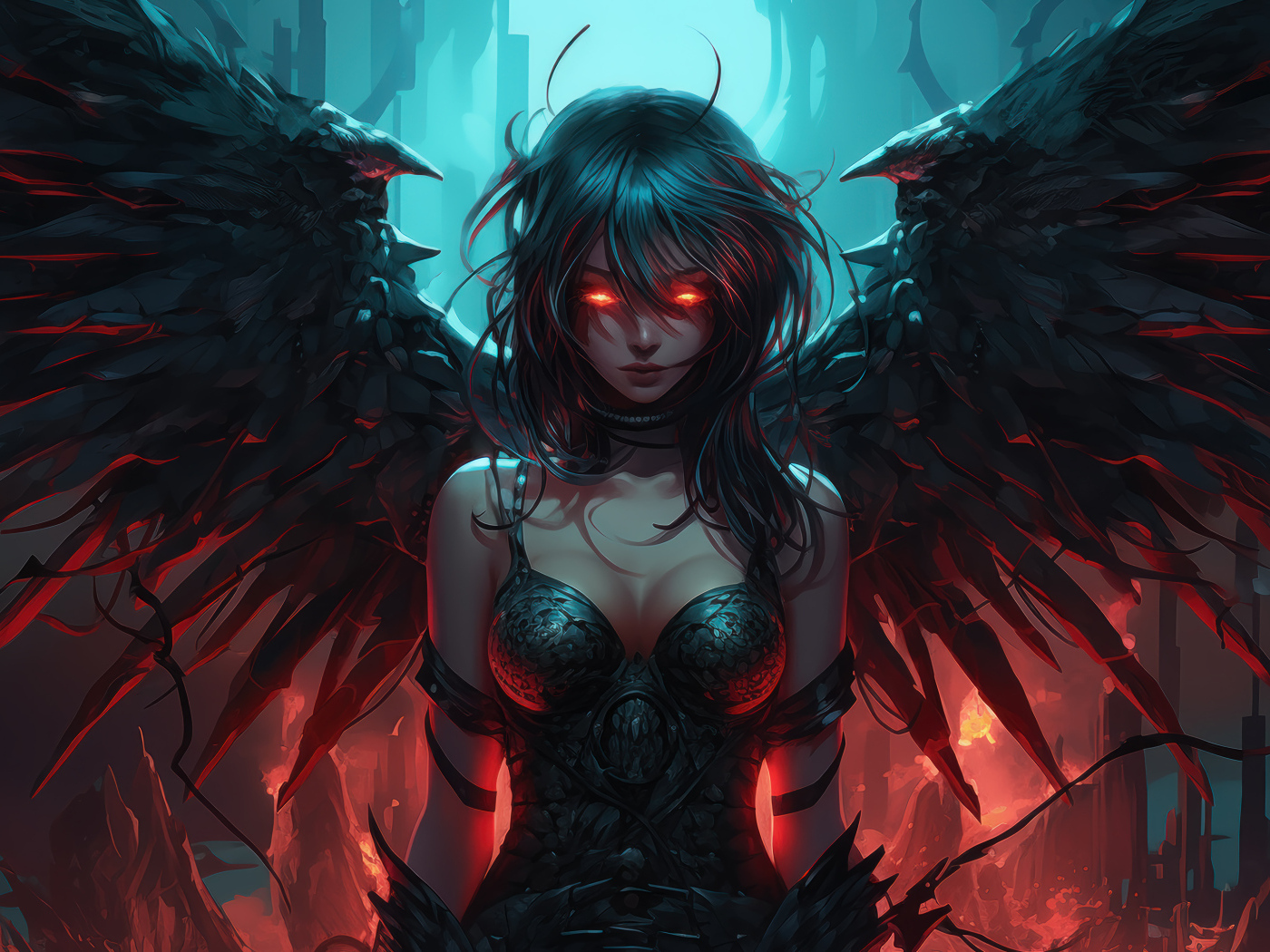 Девушка демон с черными крыльями