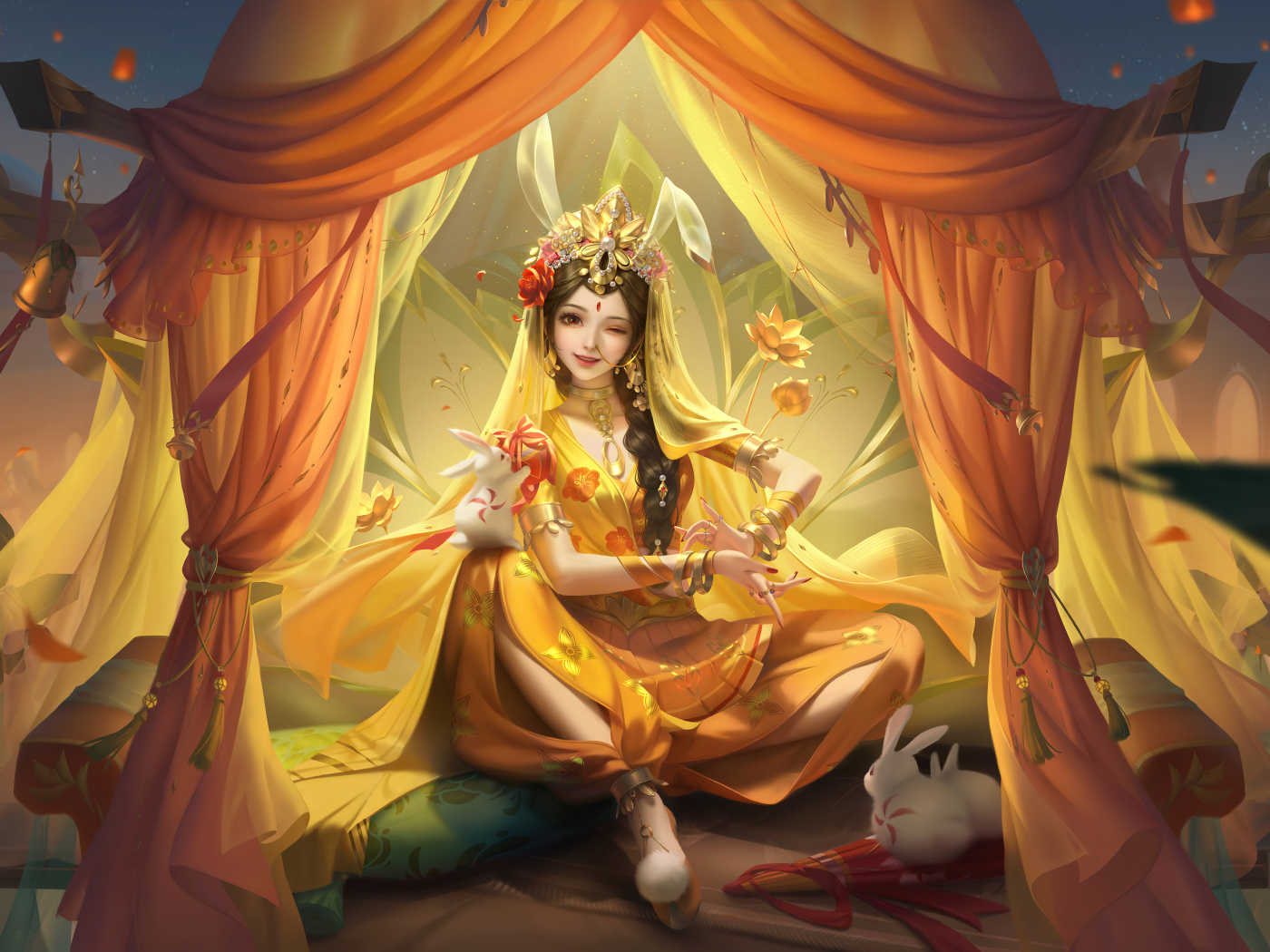 Фантастическая девушка азиатка сидит в шатре