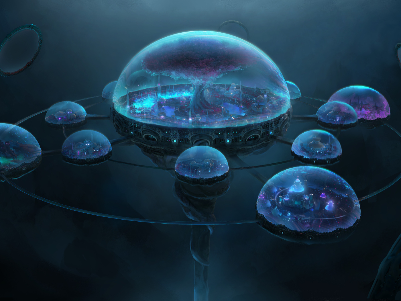 Фантастические города в неоновых сферах