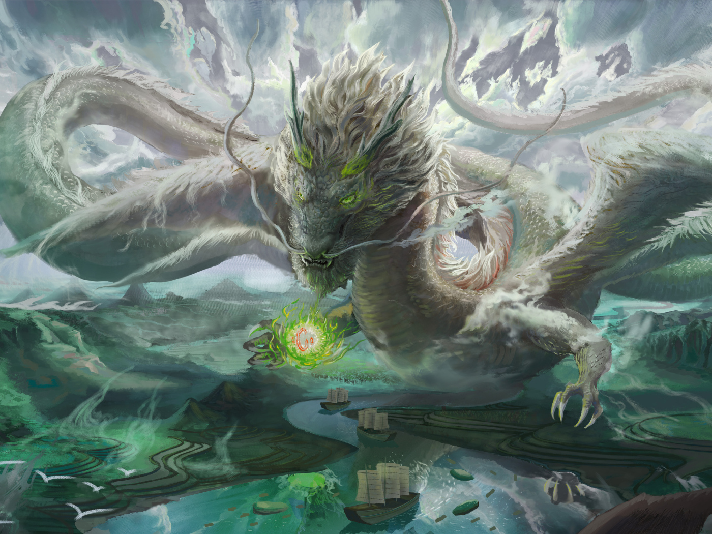 Фантастический дракон над рекой