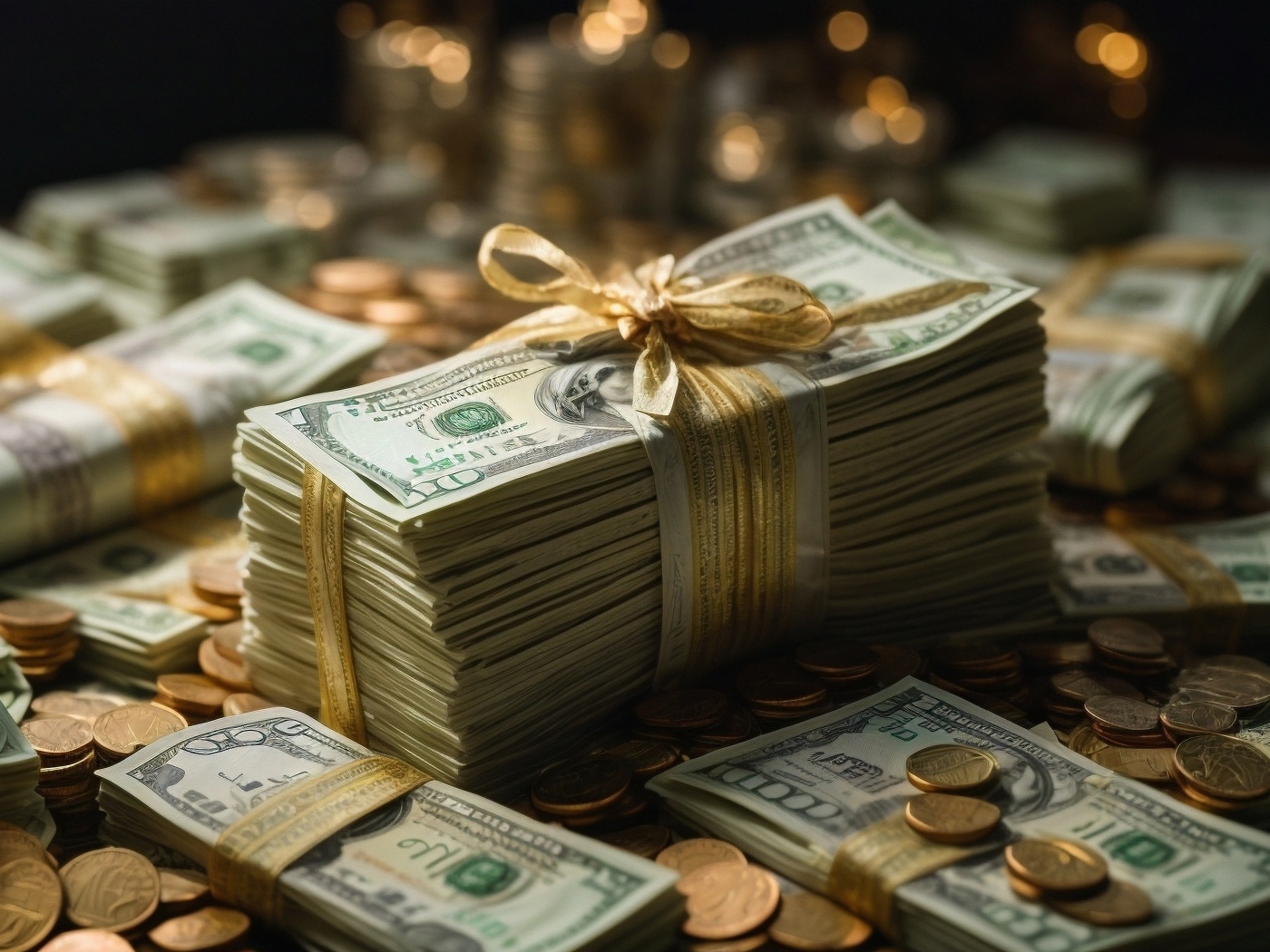 Пачки долларов с монетами перевязаны бантом