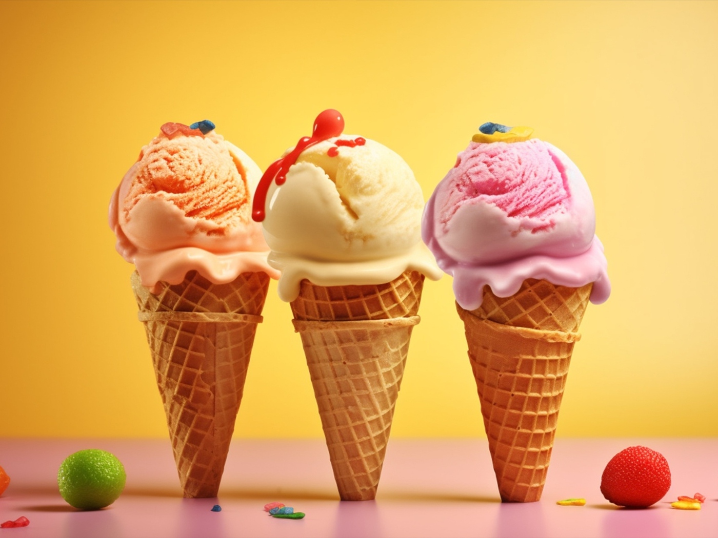 Шарики ягодного мороженого в вафельных рожках