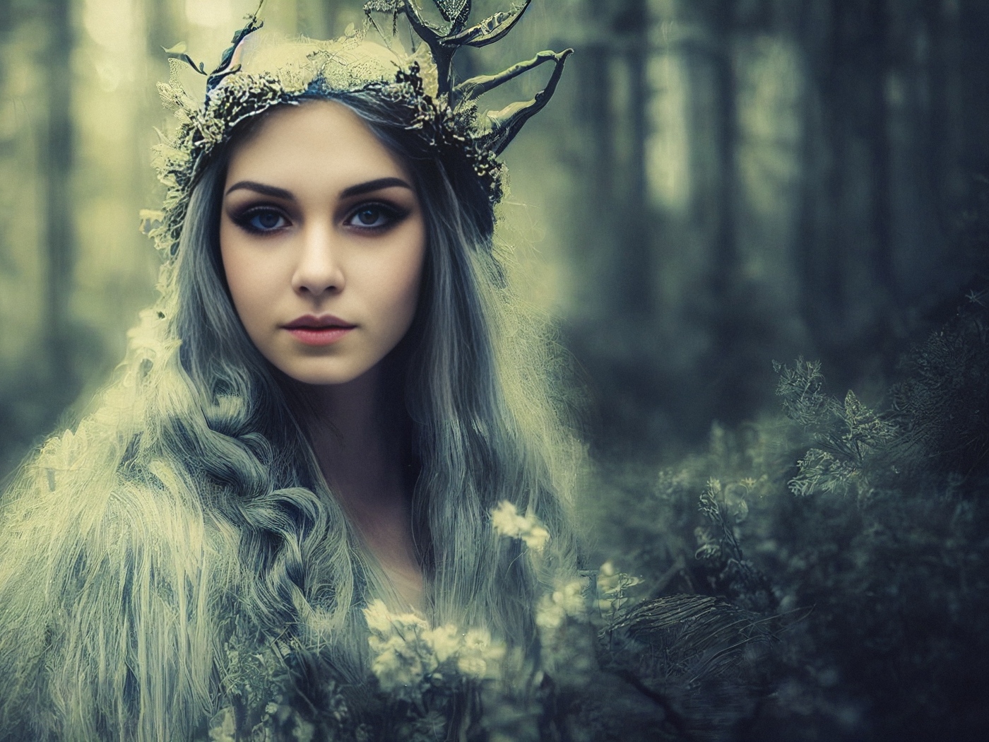 Девушка лесная фея с белыми волосами