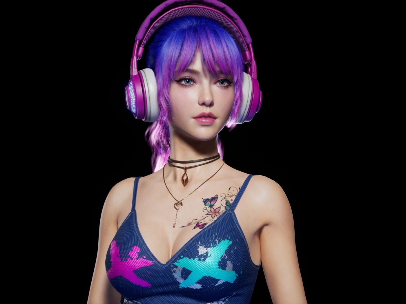 Девушка 3д с наушниками на голове на черном фоне