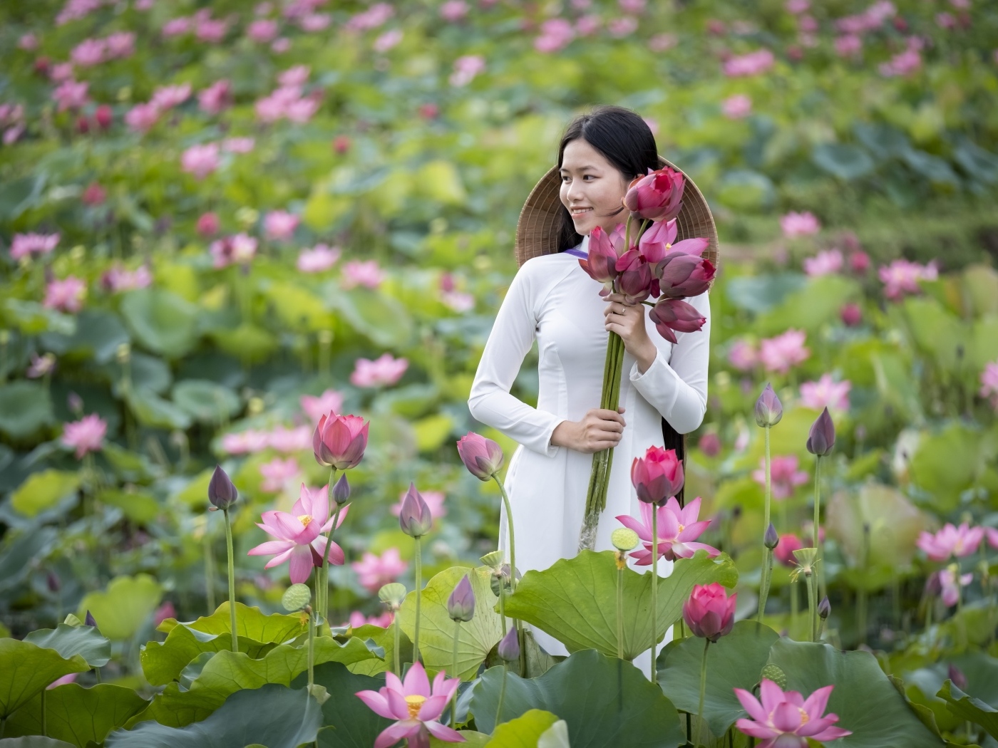 Девушка азиатка с розовыми цветами лотоса в руках