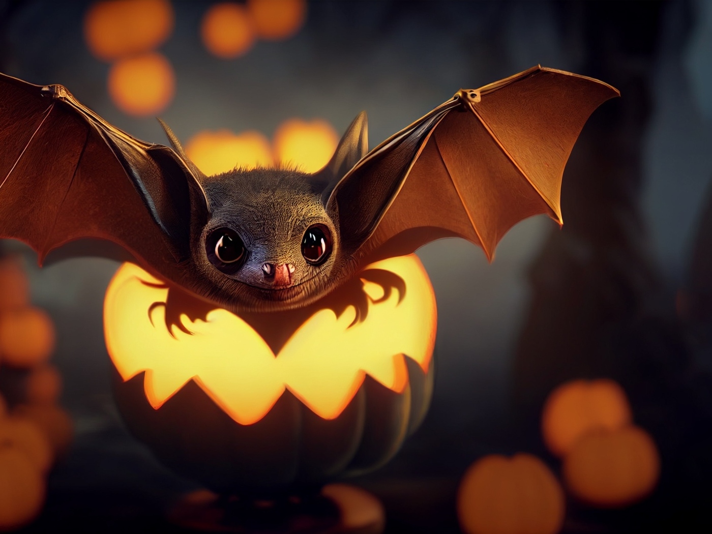 Маленькая летучая мышь с тыквой