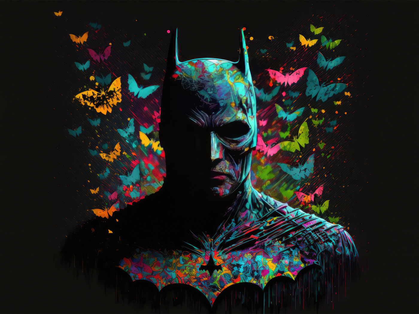 Бэтмен с неоновыми бабочками на черном фоне