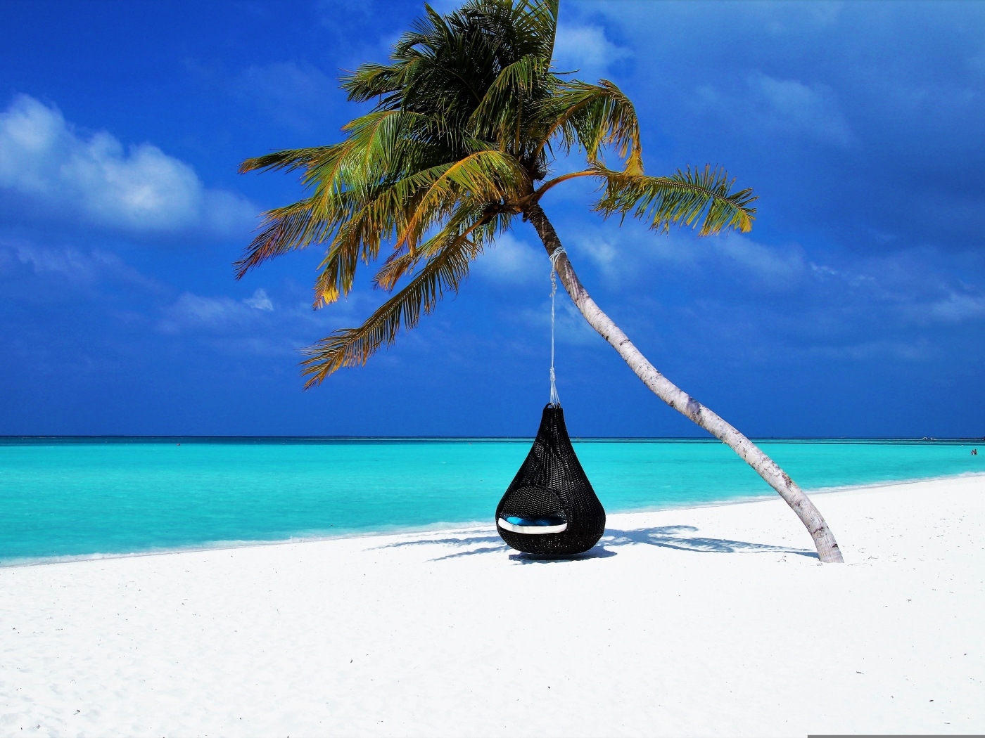 Черное подвесное кресло на пальме на тропическом пляже