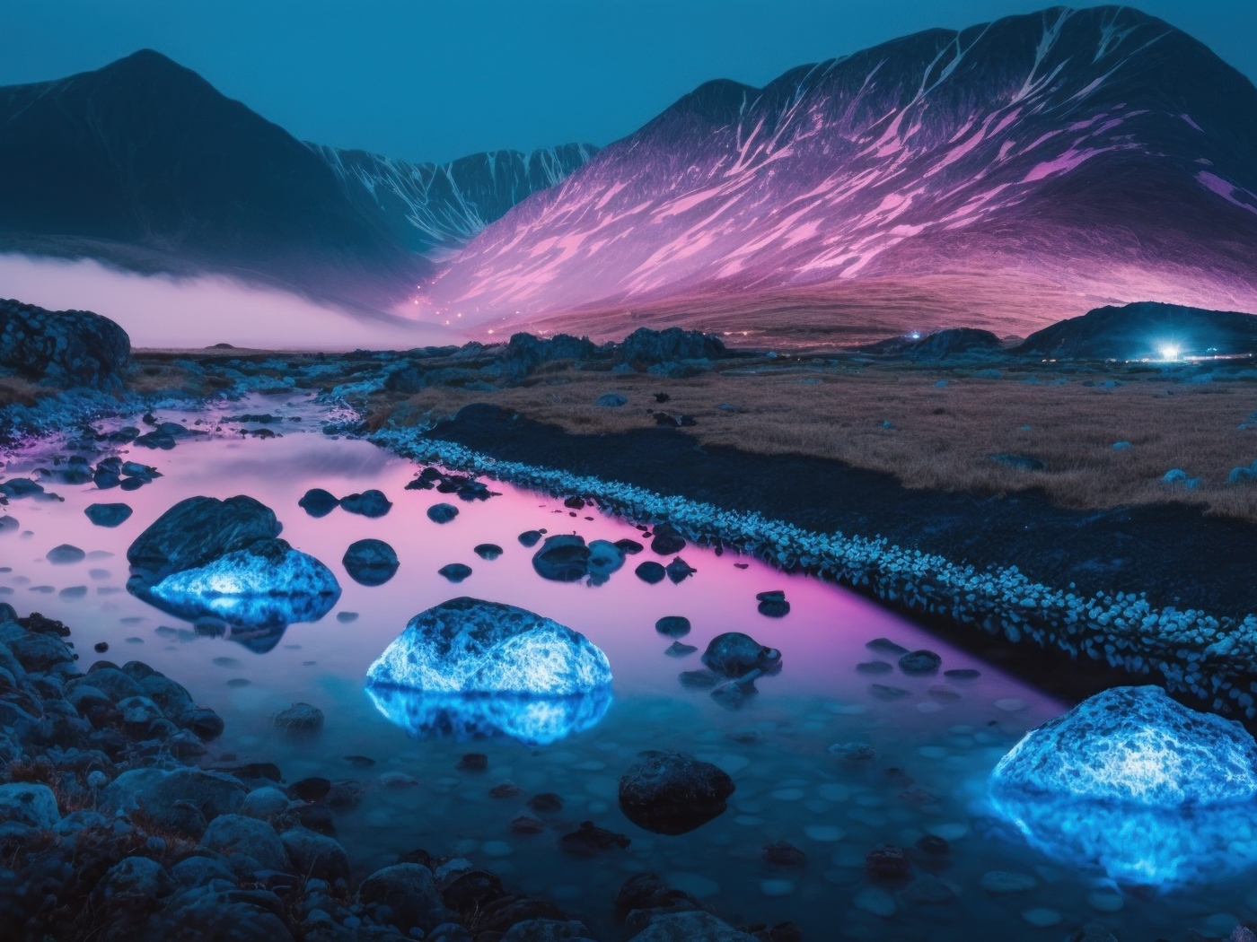 Неоновые камни в реке на фоне горы