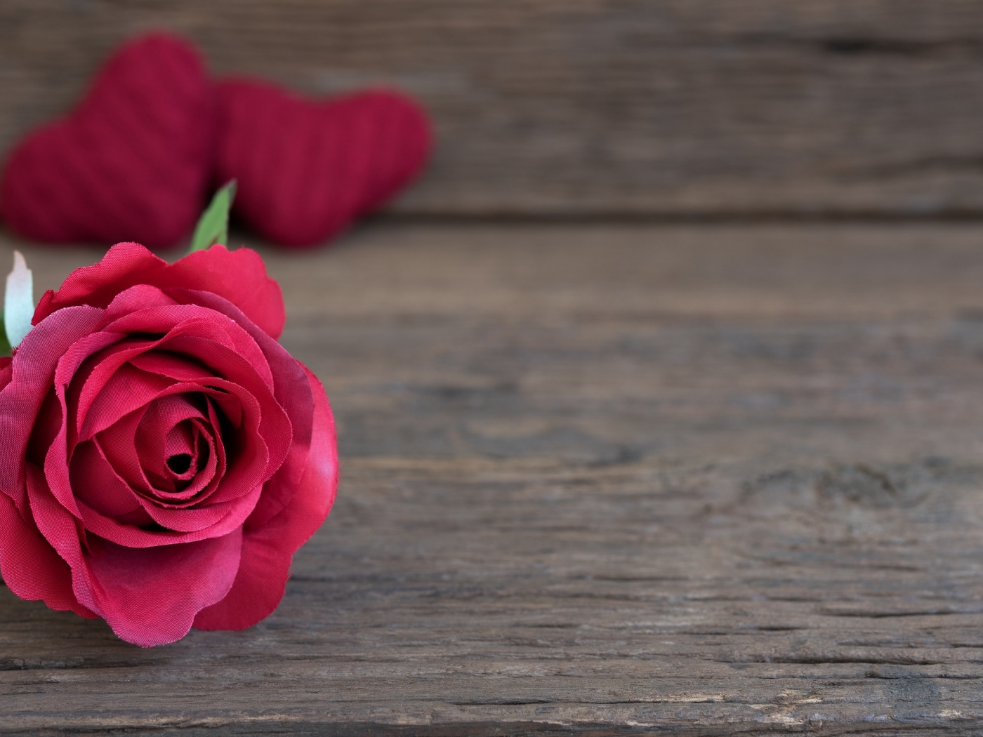 Искусственная роза на деревянном фоне с сердечками