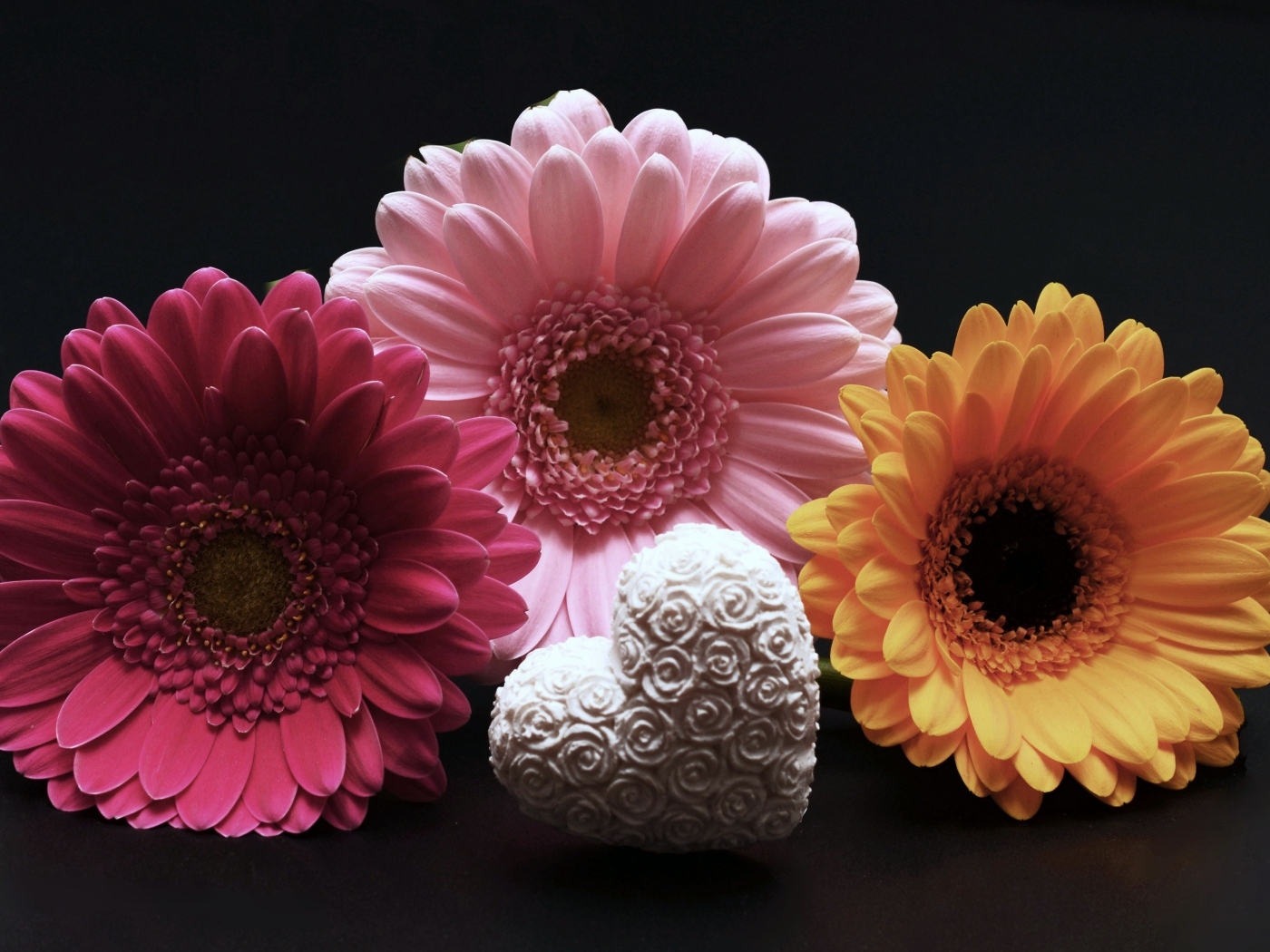 Белое сердце и три герберы на черном фоне