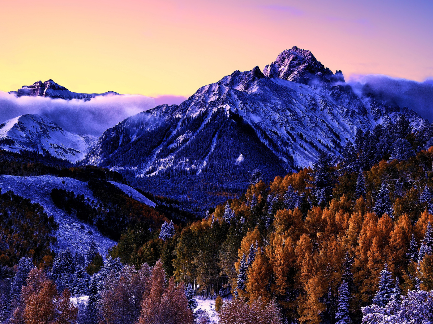 Вид на заснеженную гору и лес