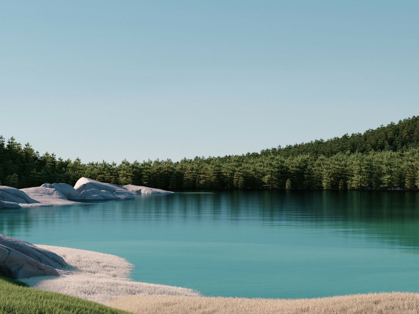 Спокойное озеро с зеленым лесом