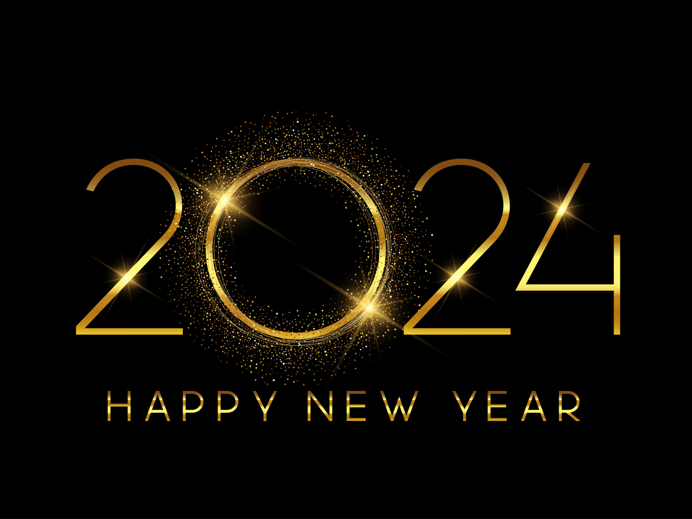 Яркая надпись с Новым годом 2024 на черном фоне