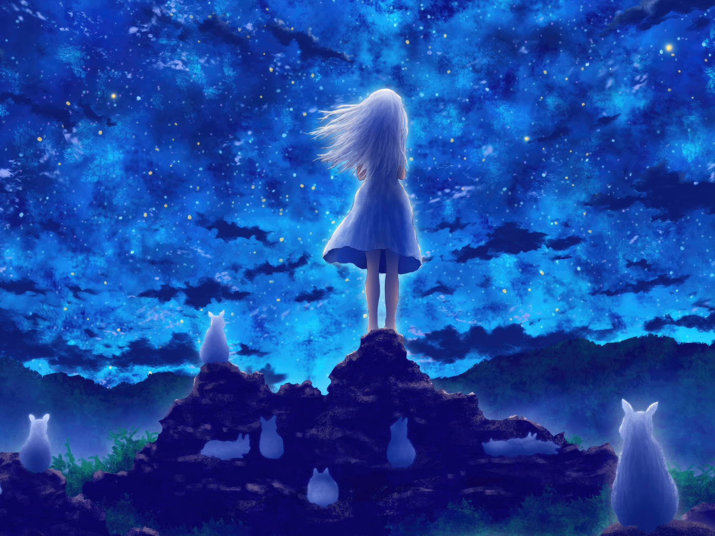 Маленькая девочка смотрит на небо, аниме