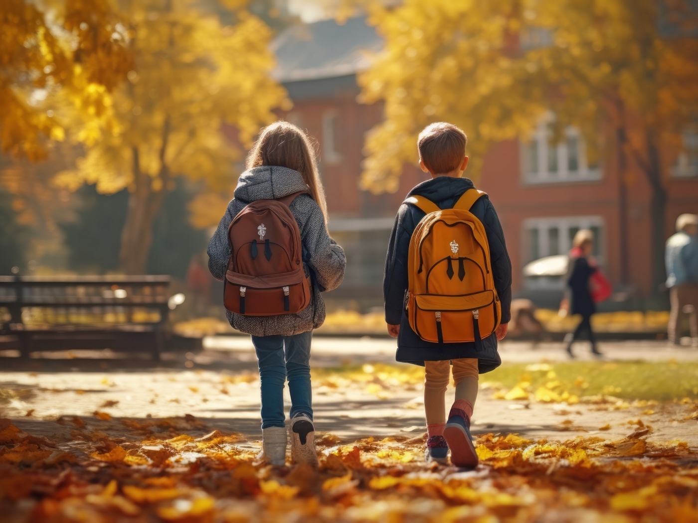 Двое детей школьников с рюкзаками на спине