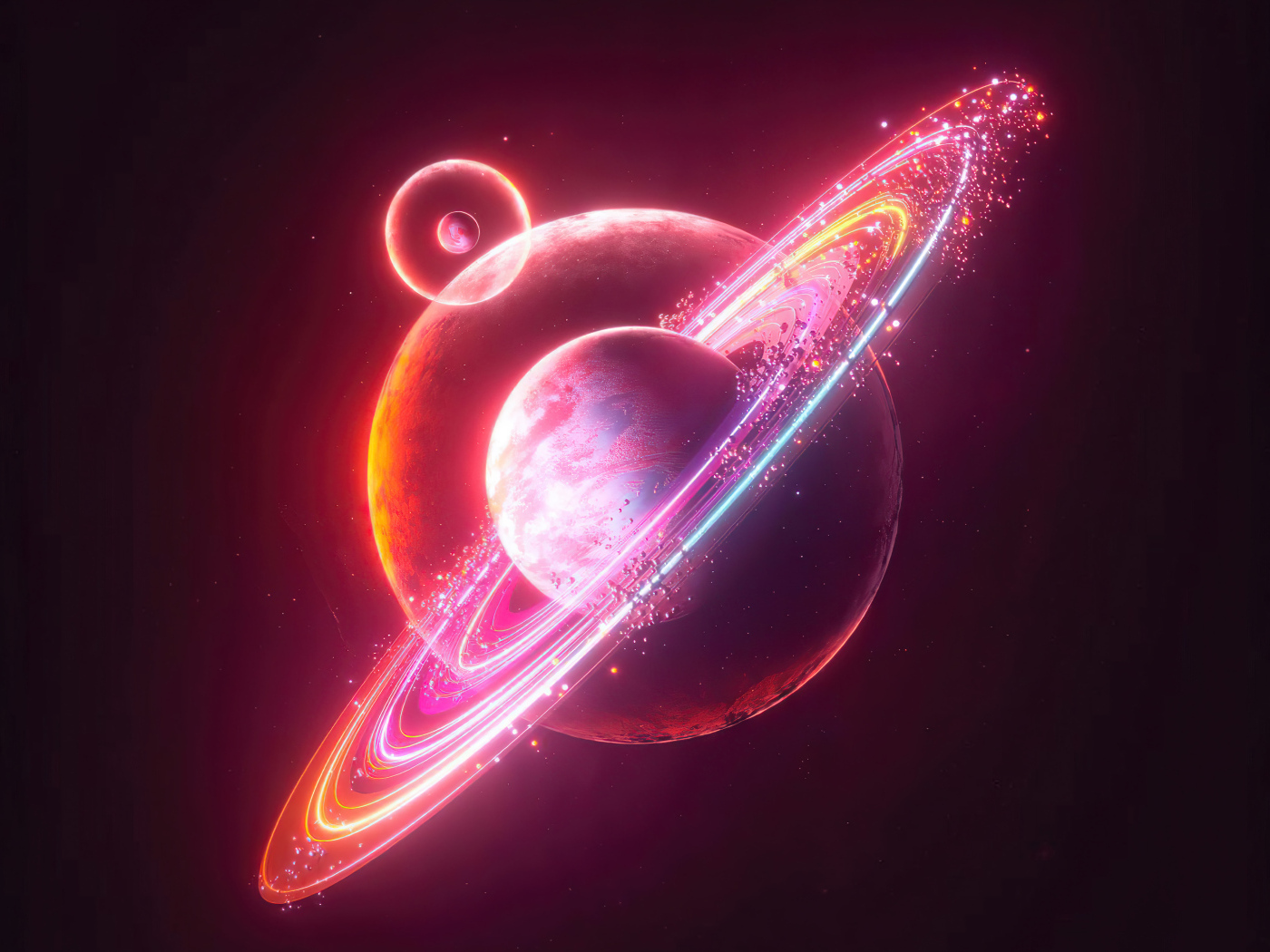 Circles around a pink planet in space