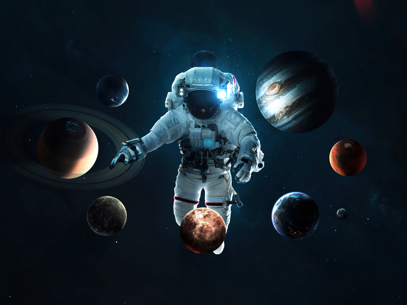 Planets spin around an astronaut in space