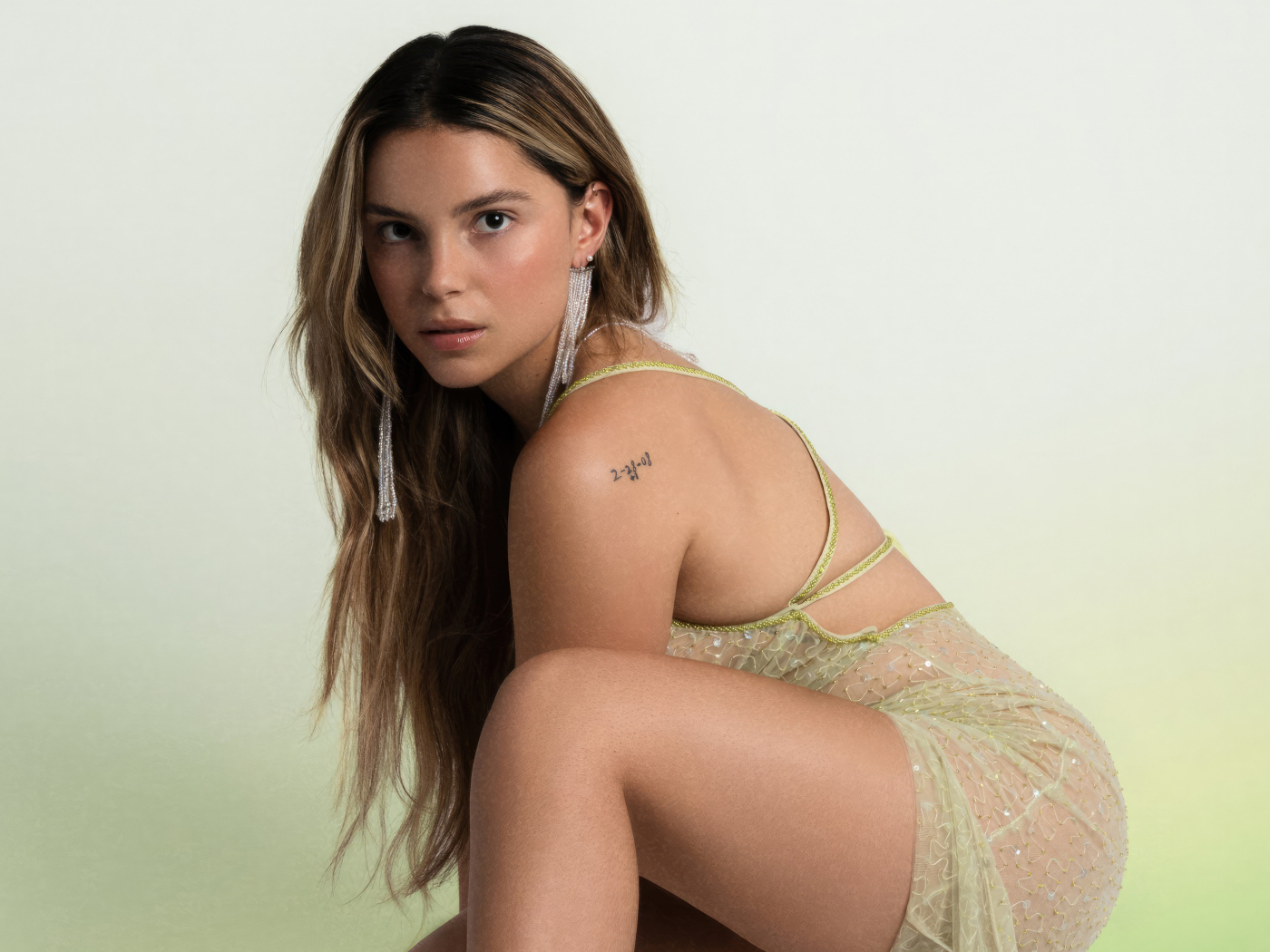 Американская актриса Инде Наварретт на белом фоне