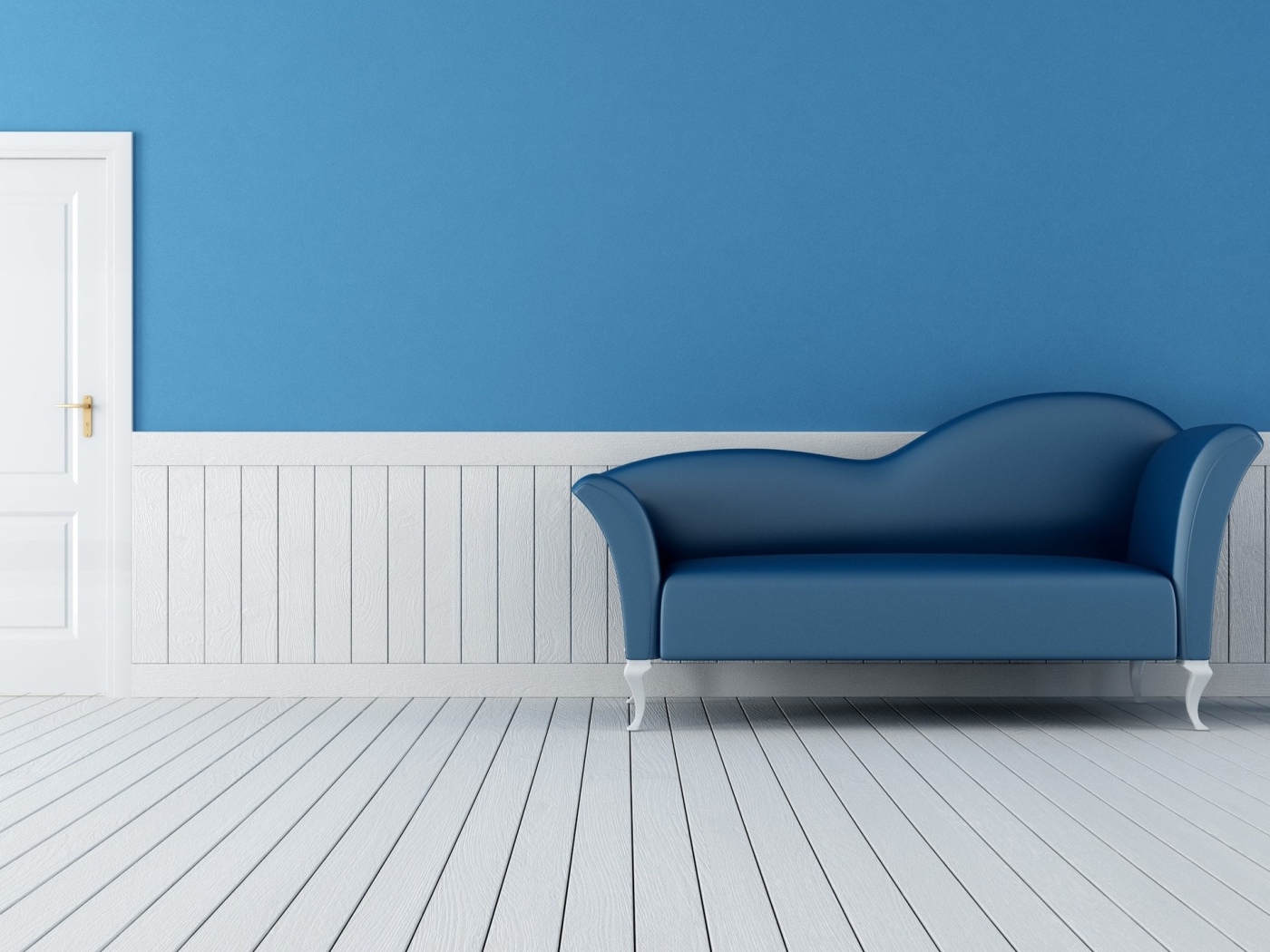 Диван в комнате с голубыми стенами и белым полом