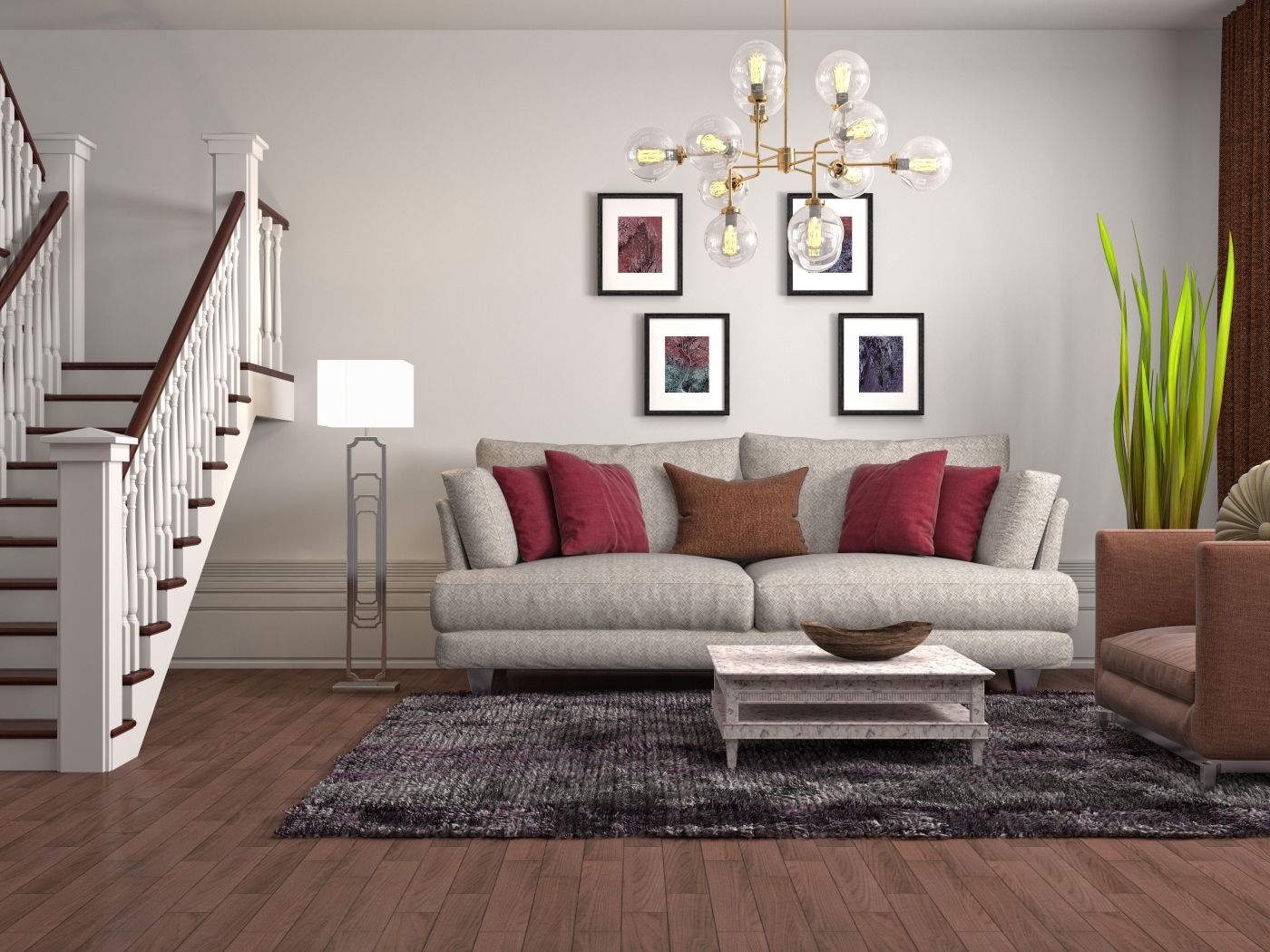 Просторная гостиная с лестницей