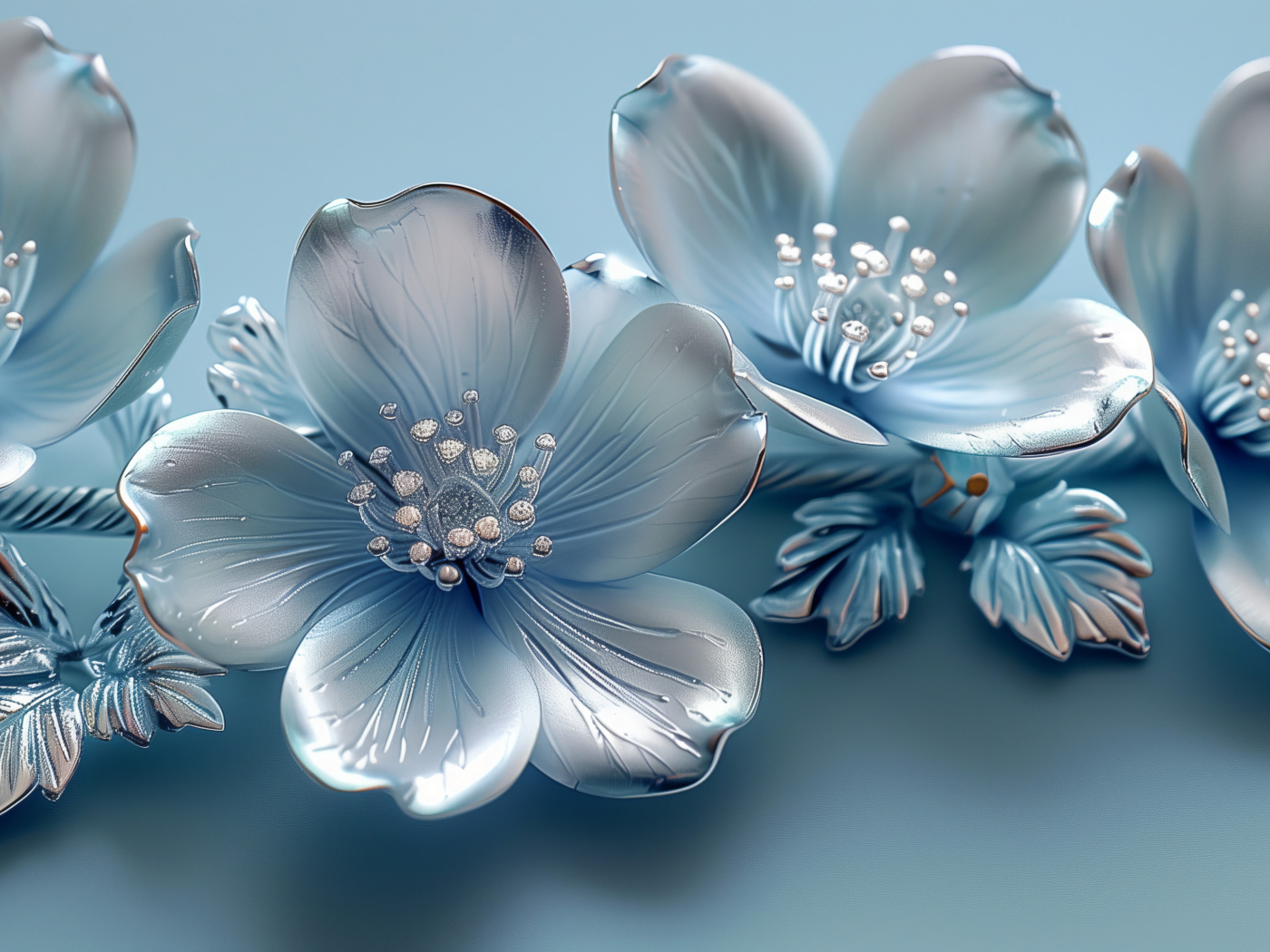 Красивые серебряные 3д цветы на голубом фоне
