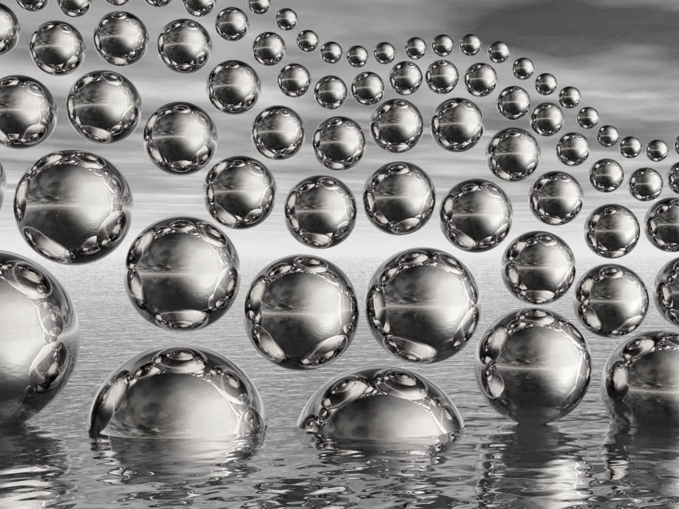 Много стеклянных 3д шаров в полете на сером фоне