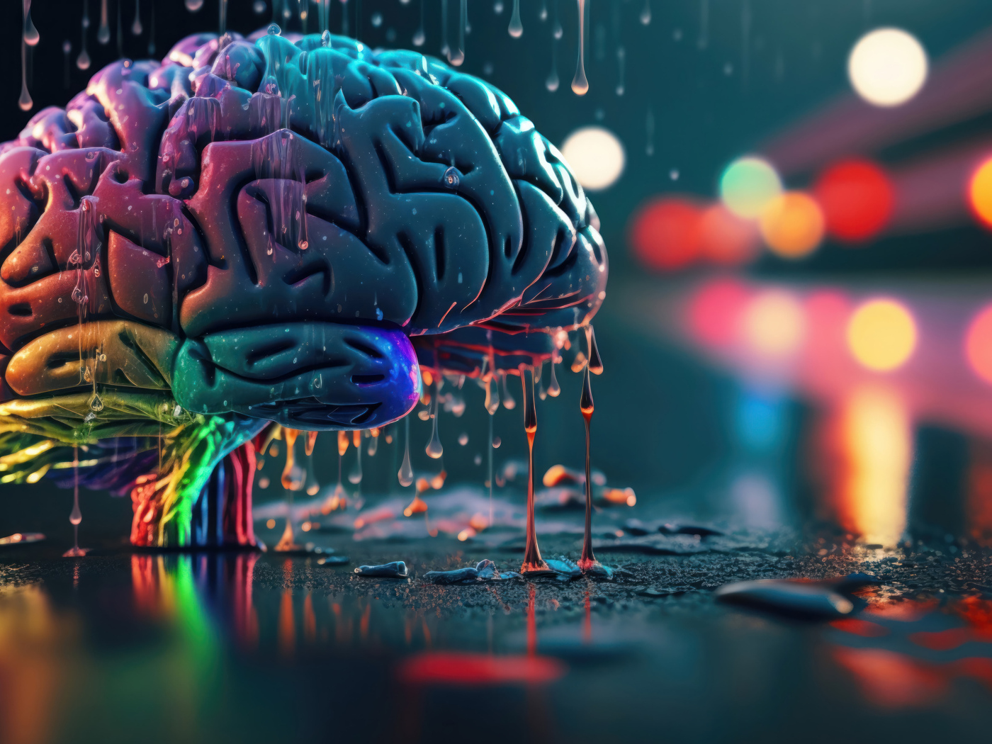 Разноцветный мозг под дождем на асфальте