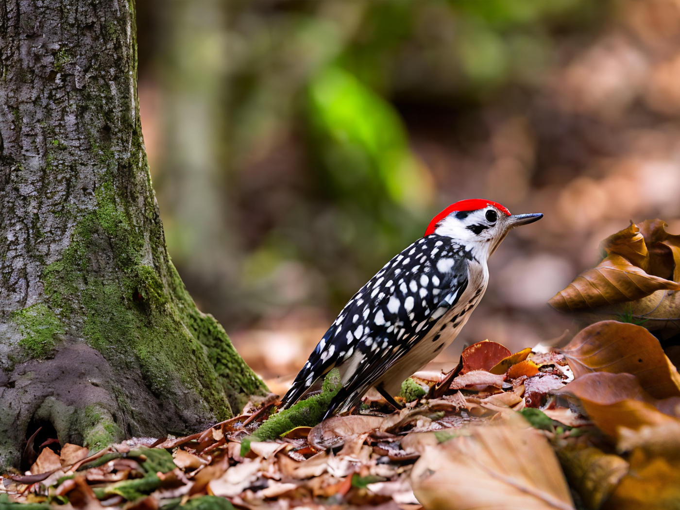 Пятнистый дятел сидит на опавшей листве