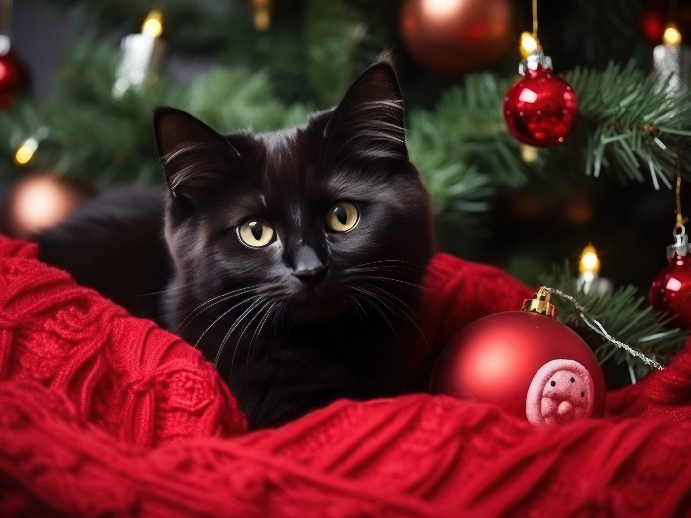 Черный кот с игрушками у новогодней ели