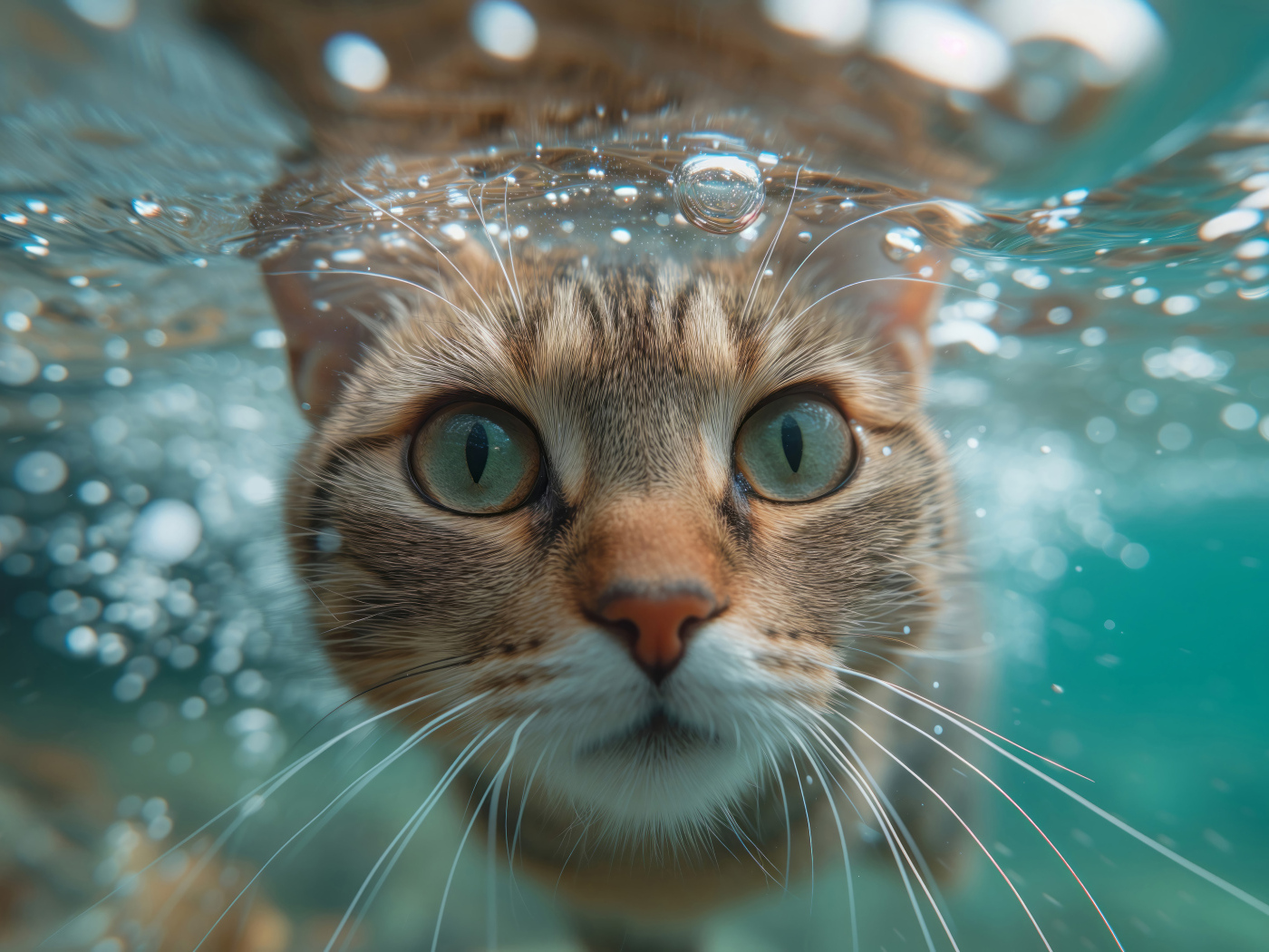 Зеленоглазый кот под водой